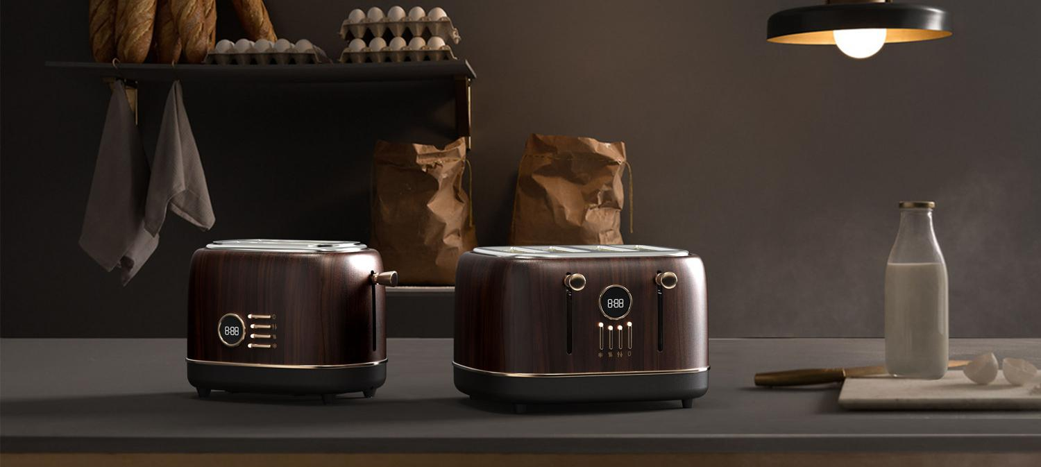 wooden vintage toaster 4 slices wide slots with LED clock display brown TO 0403 2 - homemagics.com